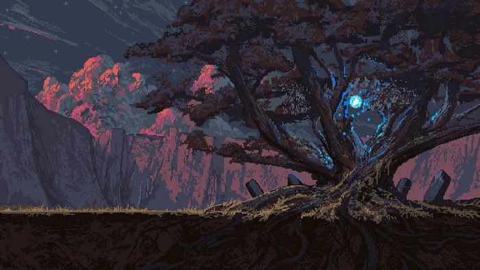 Pixel art of a magical tree with glowing orbs