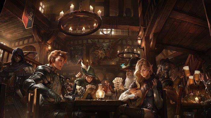 Fantasy adventurers in a tavern playing cards and drinking