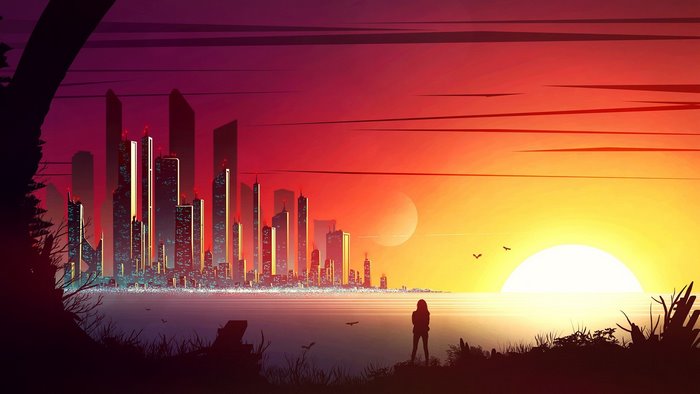 Cityscape at sunset with a lone figure
