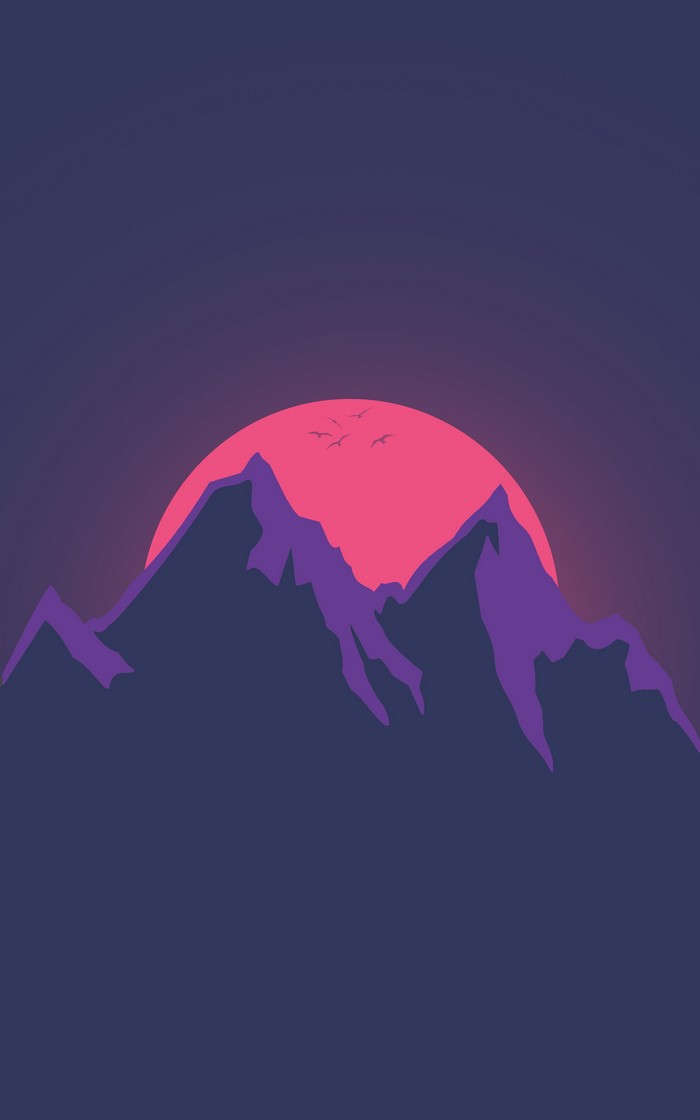 Flat design mountains at sunset with birds