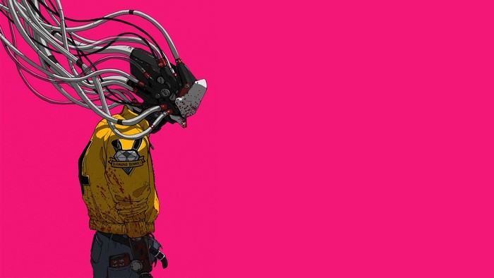 Cyberpunk character with wires and yellow jacket