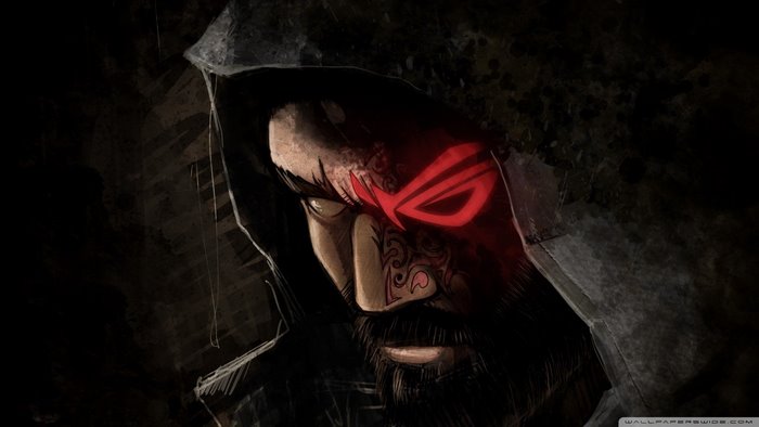 Man with ROG logo on face wearing hood