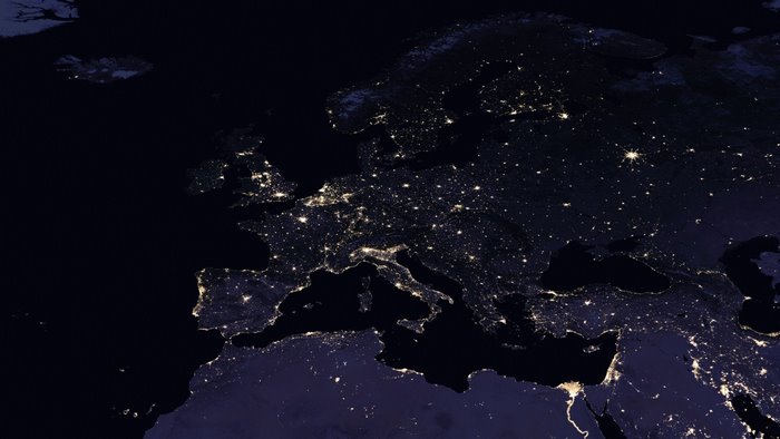 Europe at night from space showing city lights