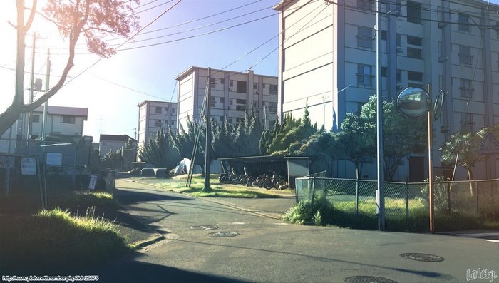 Anime apartment complex with parked bicycles