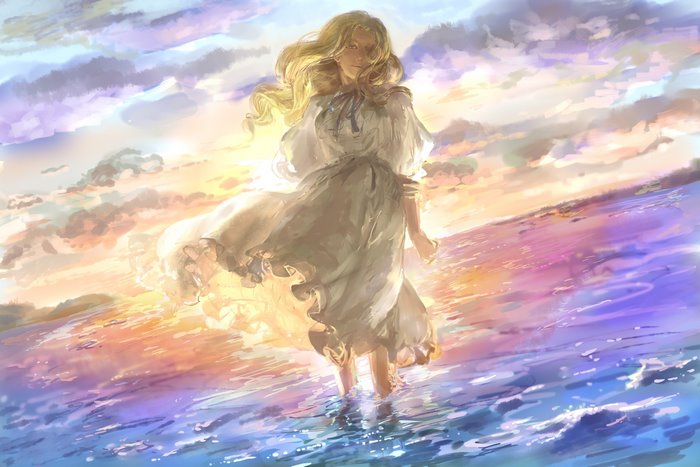 Girl with blonde hair in a white dress at sunset