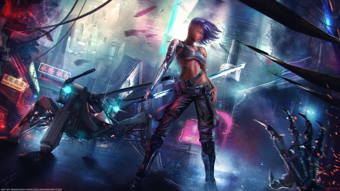Cyborg woman with mechanical arm in futuristic city