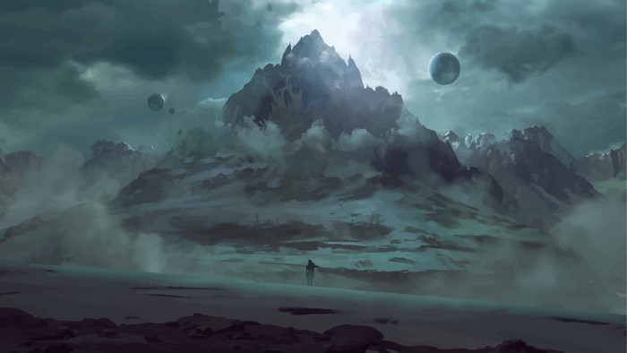Fantasy art of mountains and planets