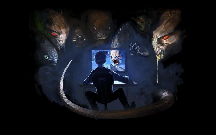 Gamer surrounded by monsters from computer screen