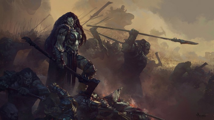 Orcs in battle with spears and axes