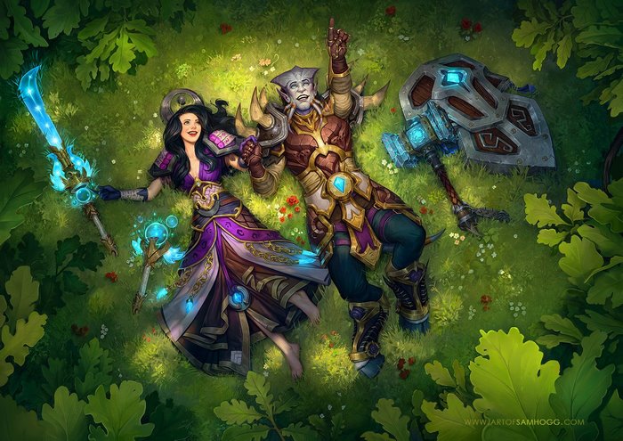 Woman and Draenei from World of Warcraft lying in grass