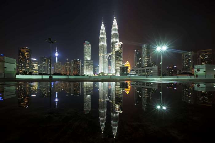 Petronas Twin Towers Kuala Lumpur at Night with Reflection