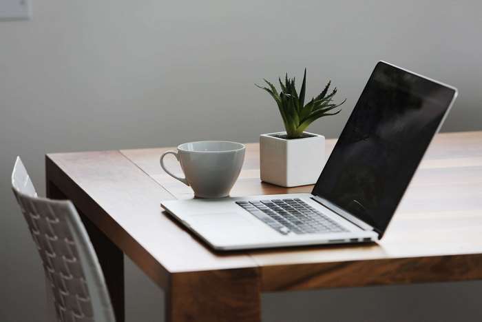 Laptop, Coffee Cup, and Plant on Wooden Table