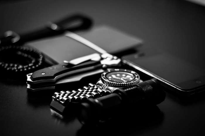 Black and white close-up of luxury gadgets