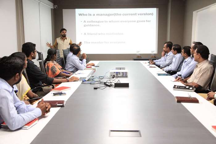 Business training class with presentation