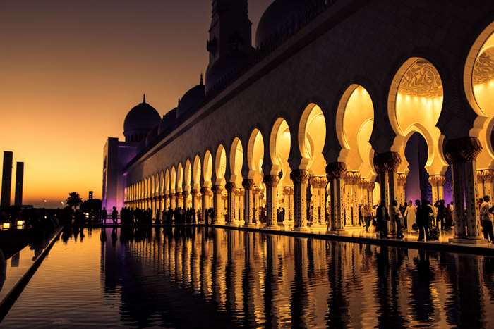 Sheikh Zayed Grand Mosque reflection at sunset