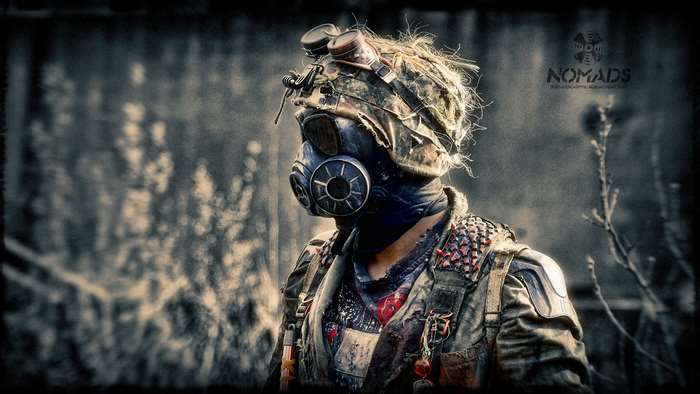 Post-apocalyptic nomad with gas mask and goggles