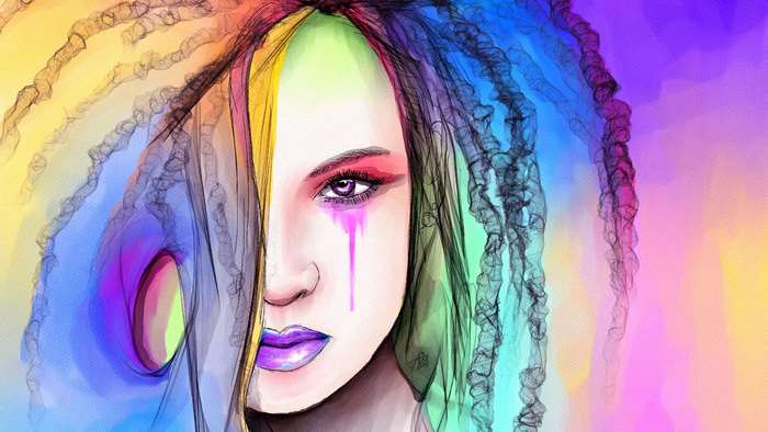 Woman with rainbow hair and makeup