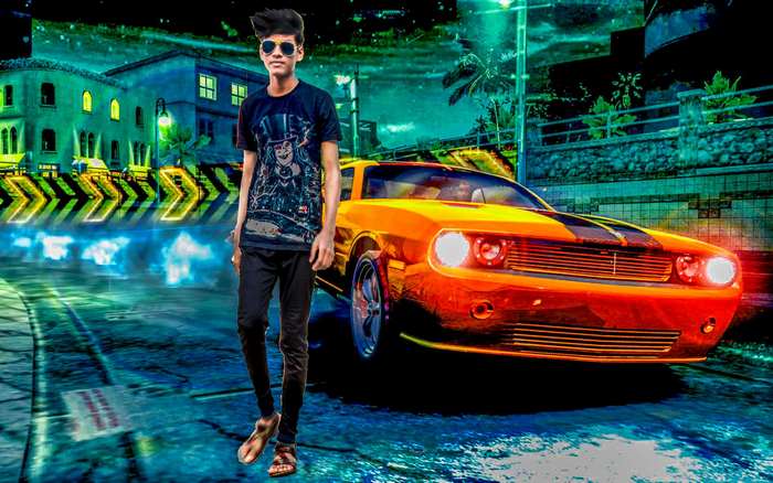 Young Man Posing by Bright Orange Muscle Car at Night