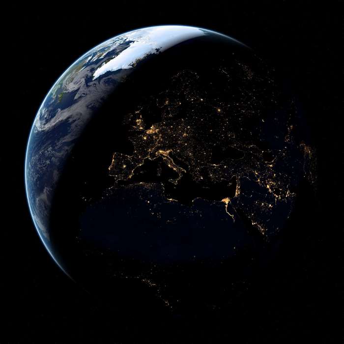 Earth at night from space showing Europe