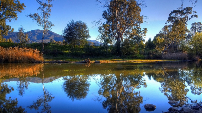 Lake reflecting trees and mountains under a blue sky