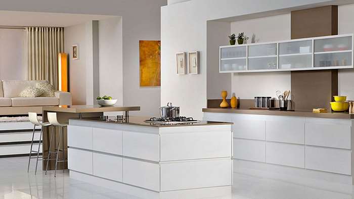 Modern white kitchen with island and bar stools