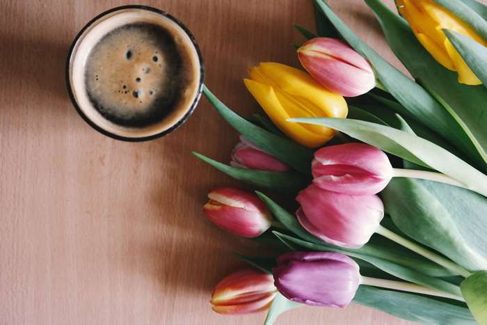 Cup of coffee with pink, yellow, and purple tulips