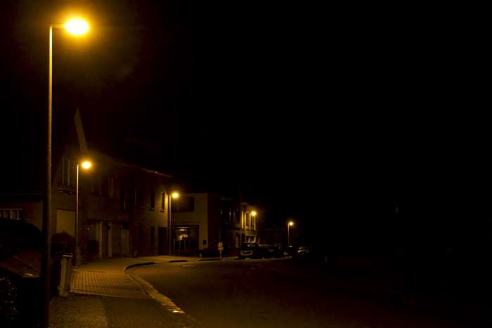 Street lamps at night on a quiet street