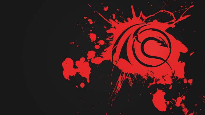 Black background with red dragon splash art