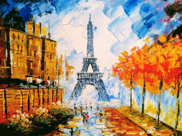 Eiffel Tower painting with autumn trees and buildings