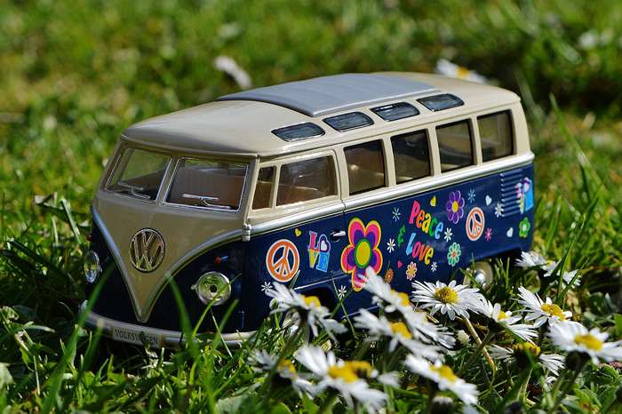 Volkswagen Bus toy car with peace and love decorations