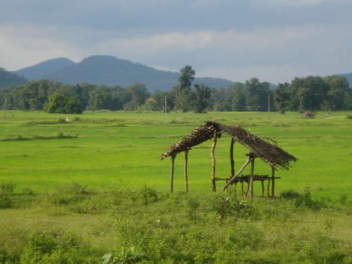 Hut in a green field with mountains in the background