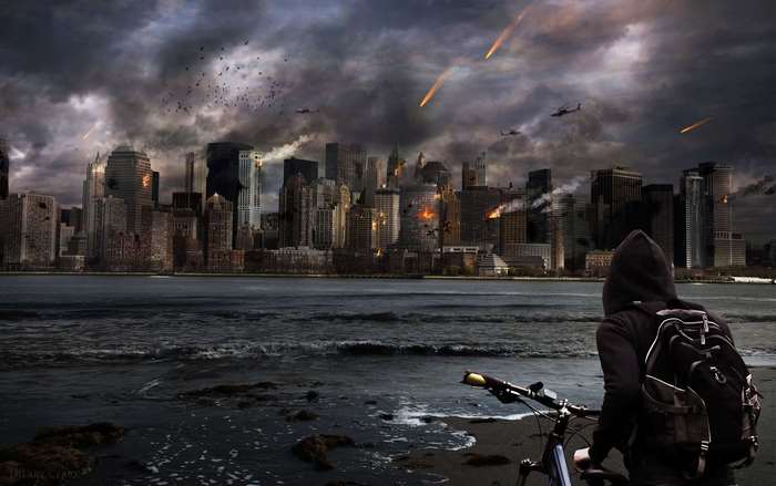 Person with backpack and bike watches city under attack