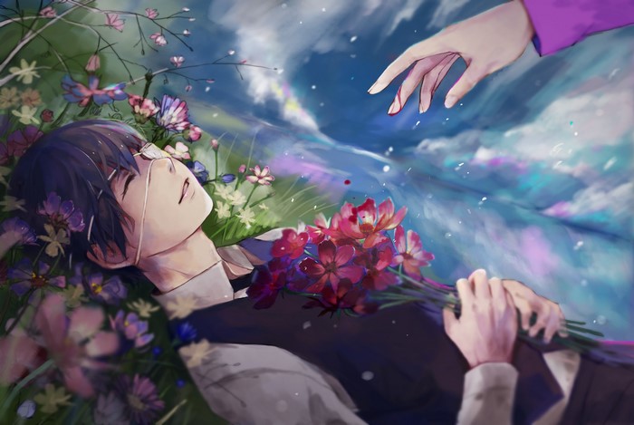 Kaneki Ken from Tokyo Ghoul lying in flowers