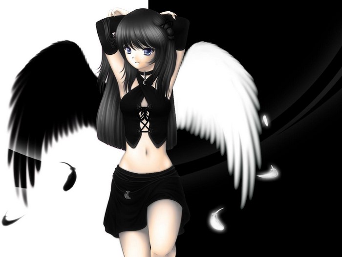 Anime girl with black and white wings