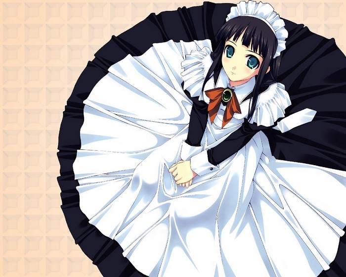Anime maid girl with black hair and blue eyes