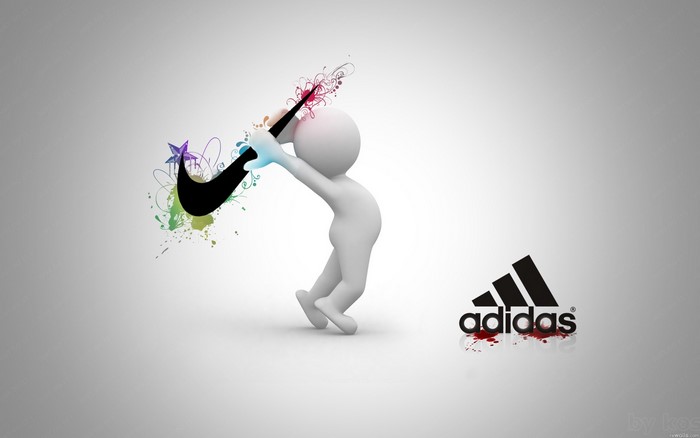 3D figure with Nike logo facing Adidas logo