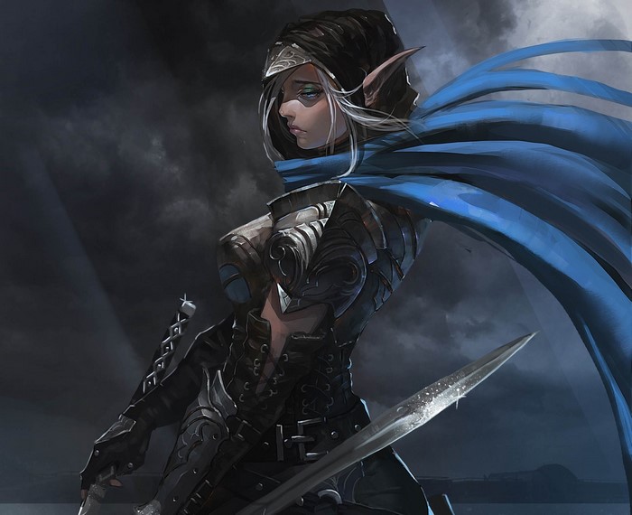 Elf warrior with blue cloak and sword