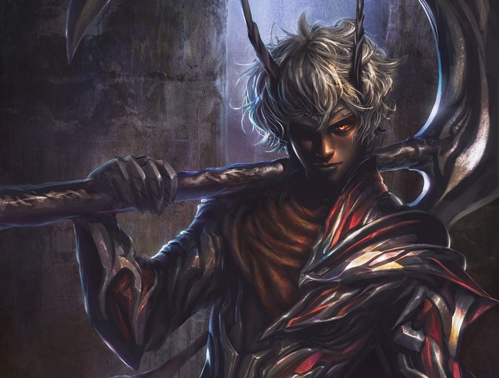 Demon with horns holding a scythe