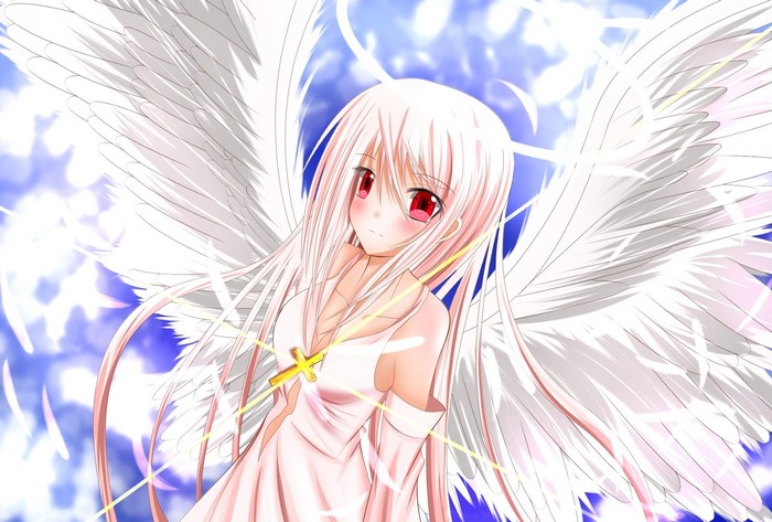 Anime girl with white wings and red eyes