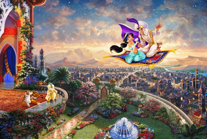 Aladdin and Jasmine flying on a magic carpet over Agrabah