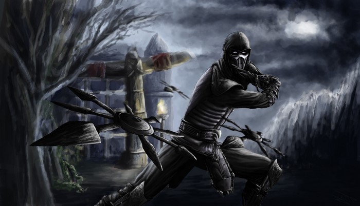 Noob Saibot from Mortal Kombat with weapons