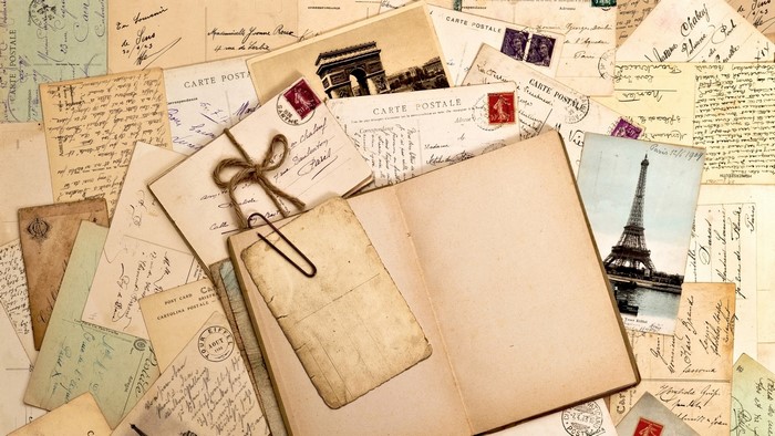 Vintage postcards and notebook