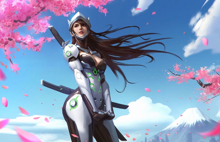 D.Va from Overwatch with Mount Fuji and Cherry Blossoms