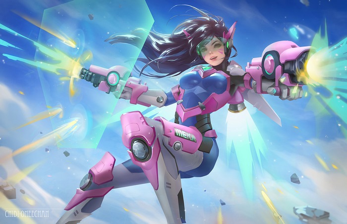 D.Va from Overwatch in a mech suit firing weapons