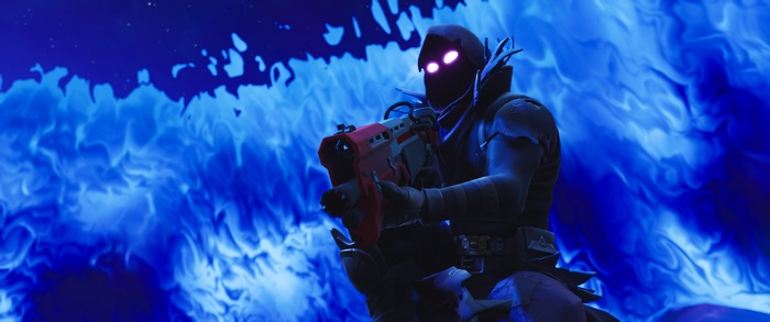 Raven from Fortnite holding a weapon with blue flames