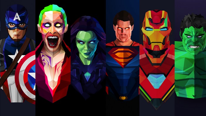 Captain America, Joker, Gamora, Superman, Iron Man, and Hulk artwork