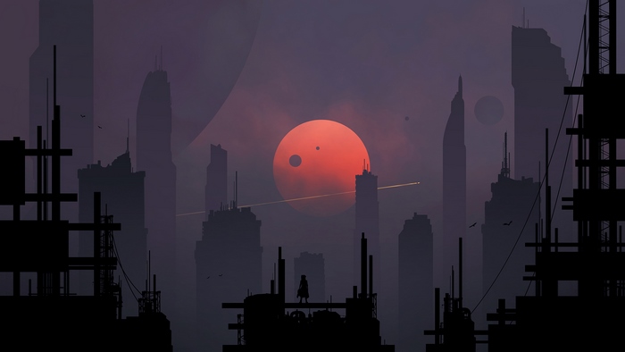 Sci-fi cityscape with large red sun and planets