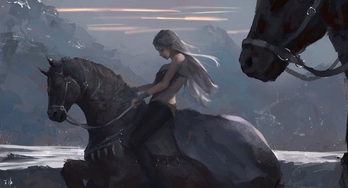 Mystical Rider on Dark Horse in Fantasy Landscape