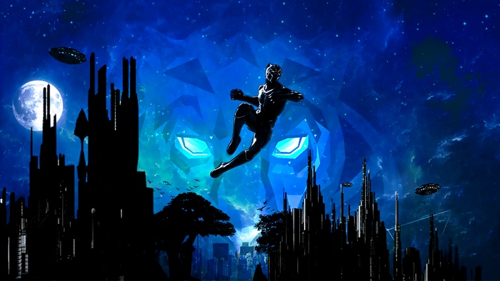 Black Panther leaping in front of a giant blue lion face