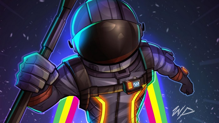 Astronaut from Fortnite holding a pickaxe with rainbow trails